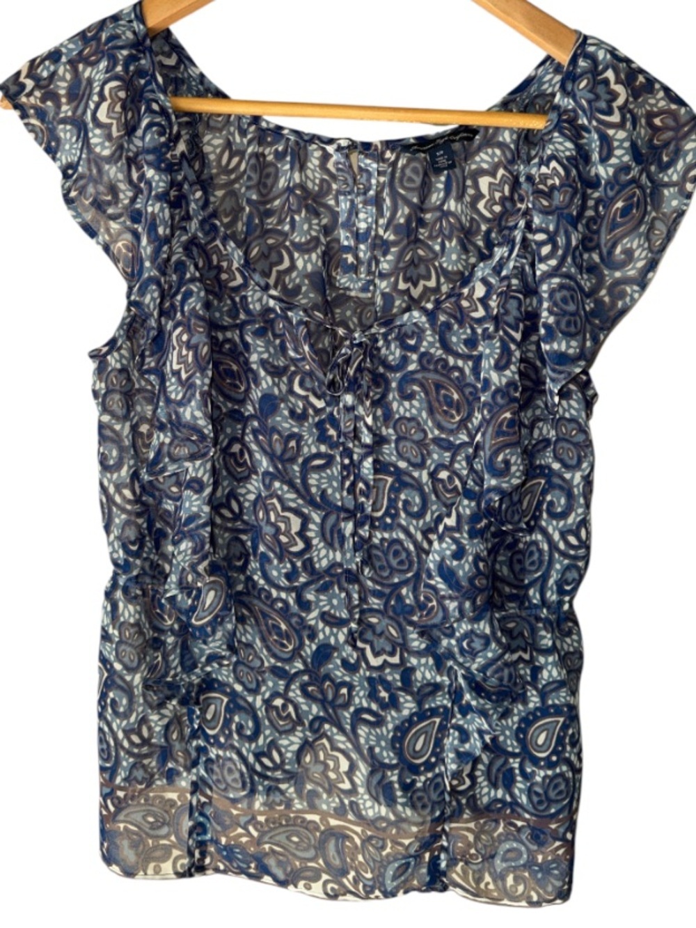 American Eagle blouse semi Sheer Blue Paisley Flutter-Sleeve shirt Top small Y2K